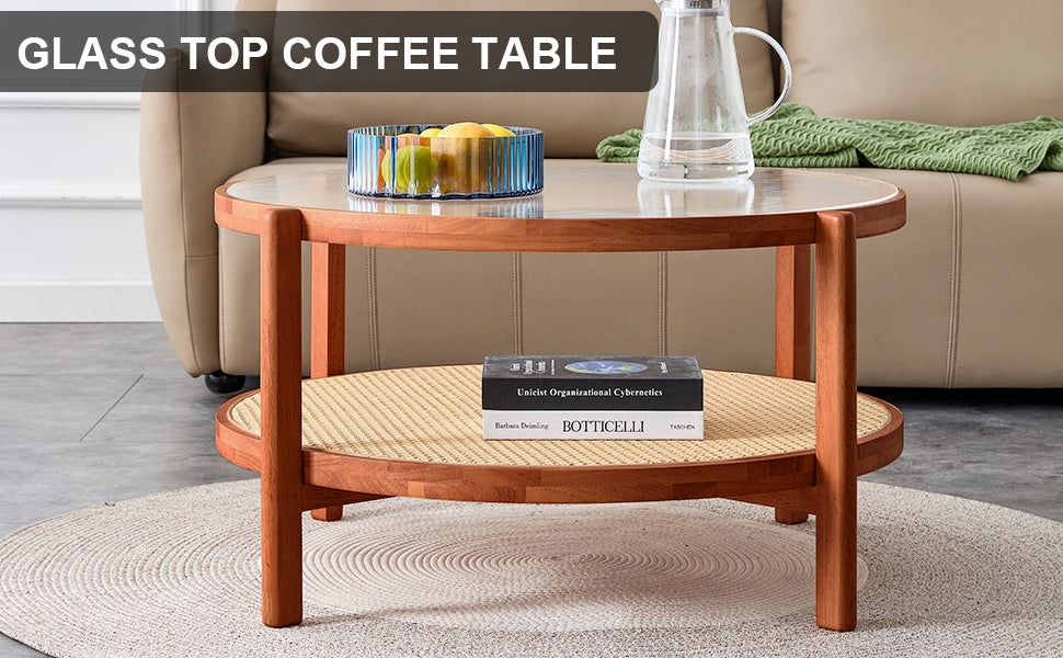 Modern minimalist circular double-layer solid wood coffee table, craft glass tabletop, second layer material: PE rattan, solid wood frame. 34.6 '* 34.6' * 17.7''