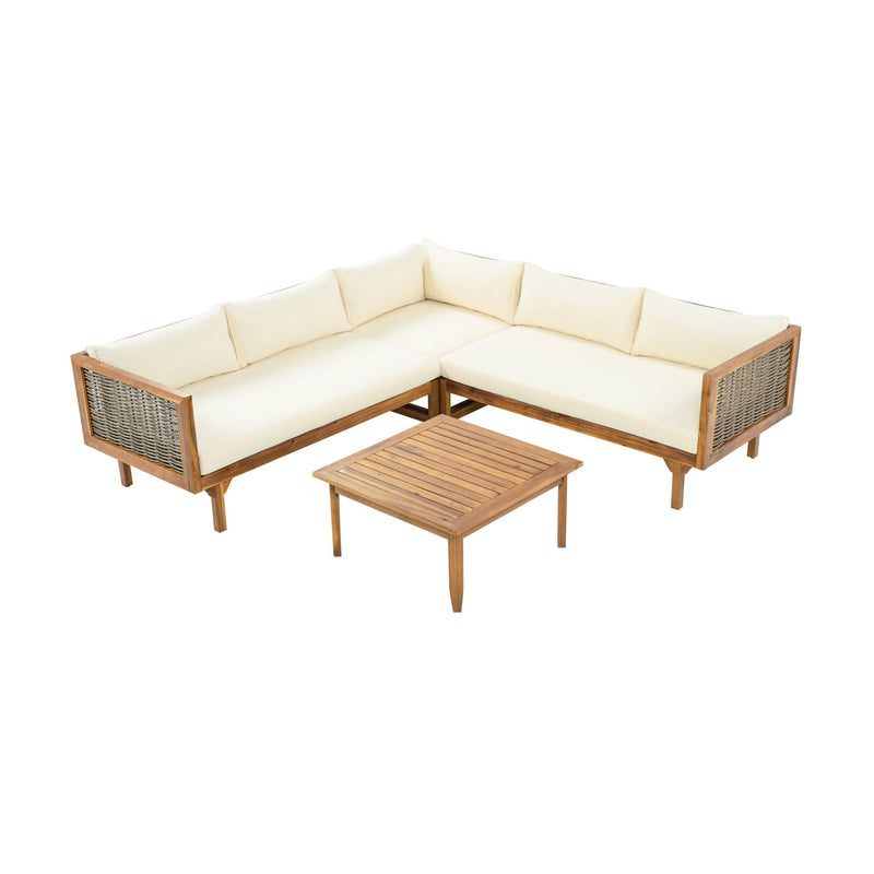 Premium Outdoor Sofa Set With Waterproof Cushions Sectional Seating Group With Acacia Wood And Wicker - Brown Mix / Beige