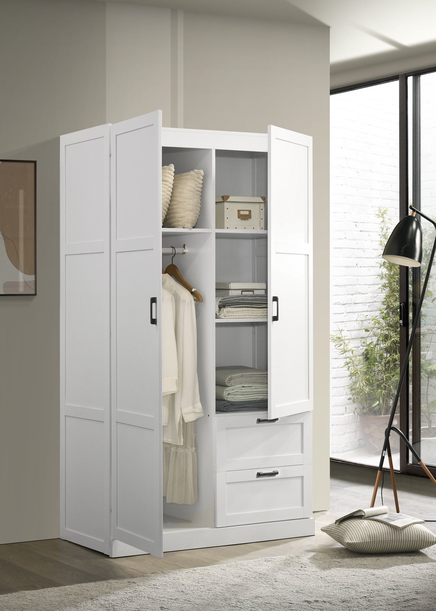 Aubree 40" White Wardrobe Cabinet Armoire with 2 Drawers and Hanging Rod