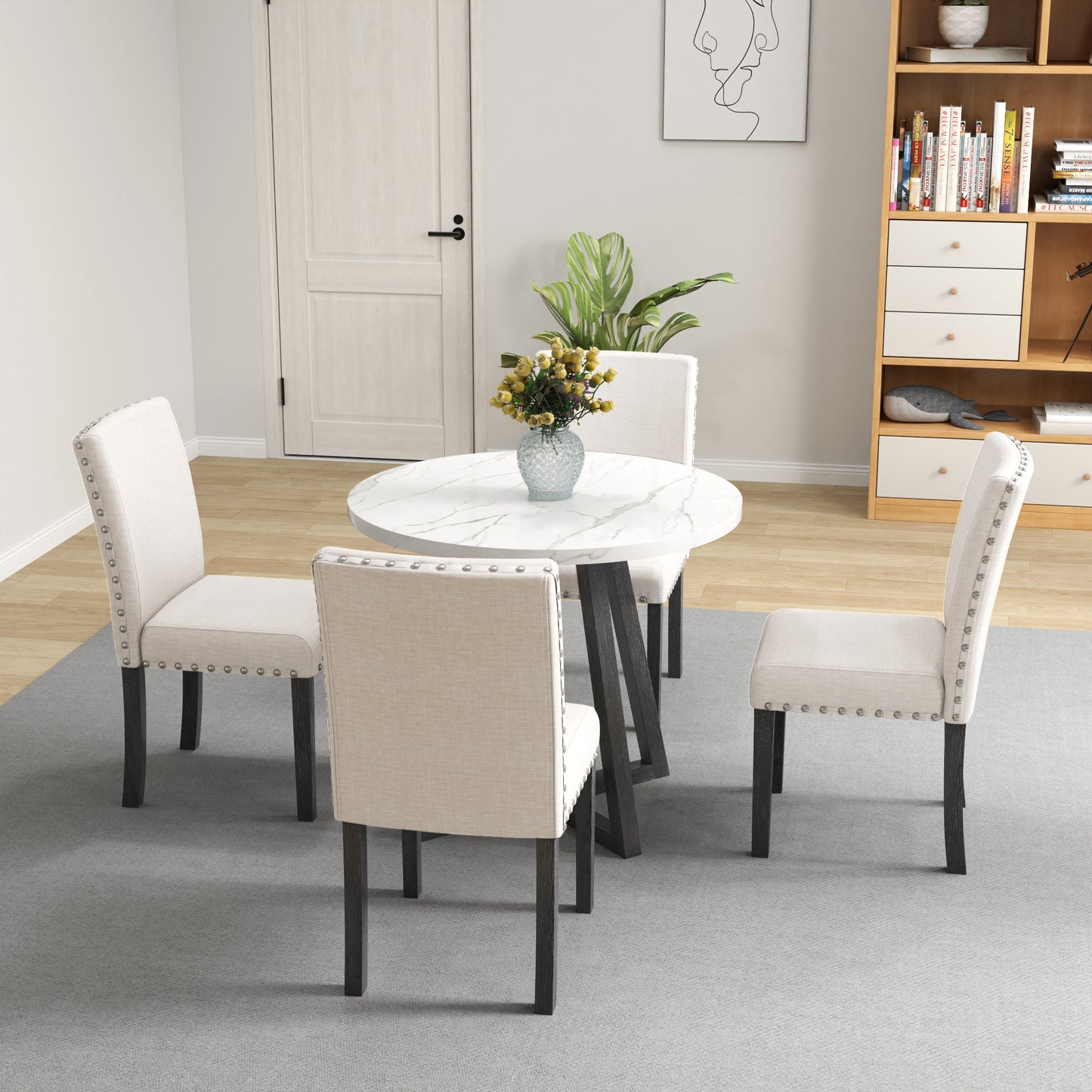 Five-piece dining room set with imitation marble table top, solid wood dining table and 4 chairs, space-saving kitchen and dining room combination furniture.