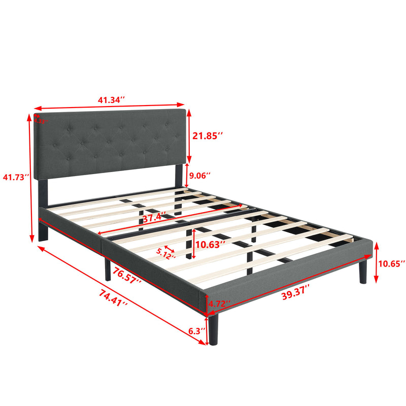 Modern Upholstered Platform Bed Frame With Button Tufted Fabric Headboard