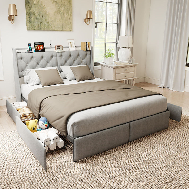 Platform Bed Frame With RGB LED Lights, Charging Station, Storage Headboard & 4 Underbed Drawers