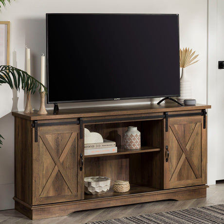 Farmhouse Sliding X Barn Door 58" TV Stand For 65" TVs - Rustic Oak