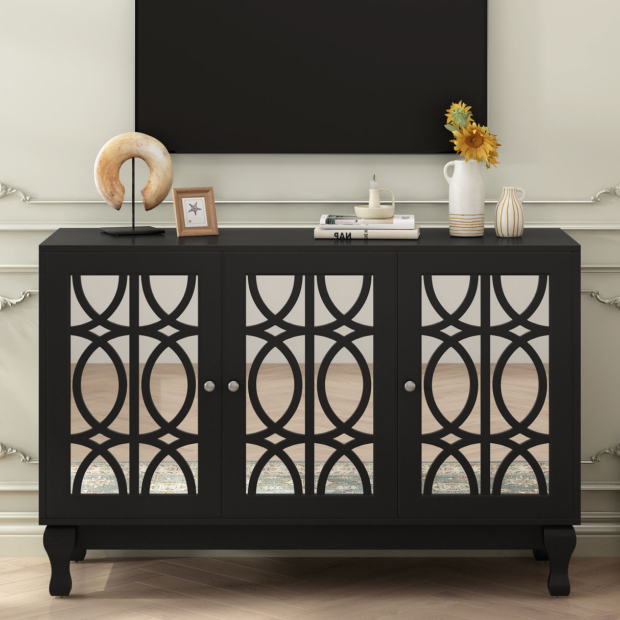 Modern Mirrored TV Stand, 3 Adjustable Shelves For Living Room