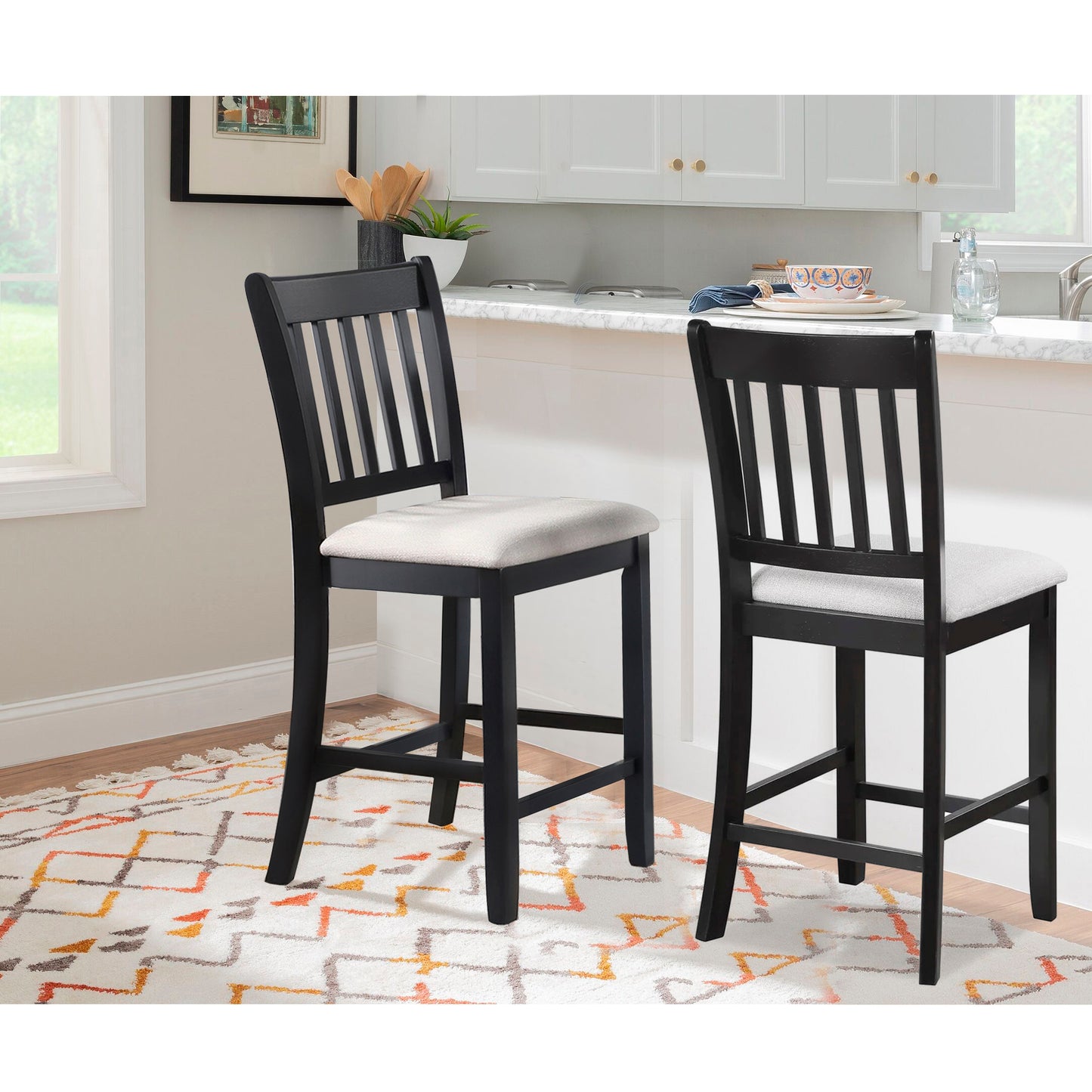 Casual Seating Black Finish Chairs Set of 2 Rubberwood Transitional Slatted Back Design Dining Room Furniture Counter Chairs