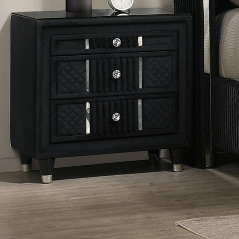 1 Piece Nightstand Upholstery Textured Look Luxurious Feel Drawer Fronts Crystal Style Knobs - Black