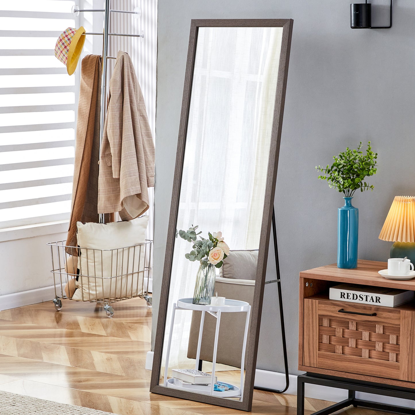 Third generation packaging upgrade, thickened frame, gray wood grain solid wood frame full-length mirror, dressing mirror, bedroom entrance, decorative mirror, floor standing mirror. 57.9 "* 18.1"