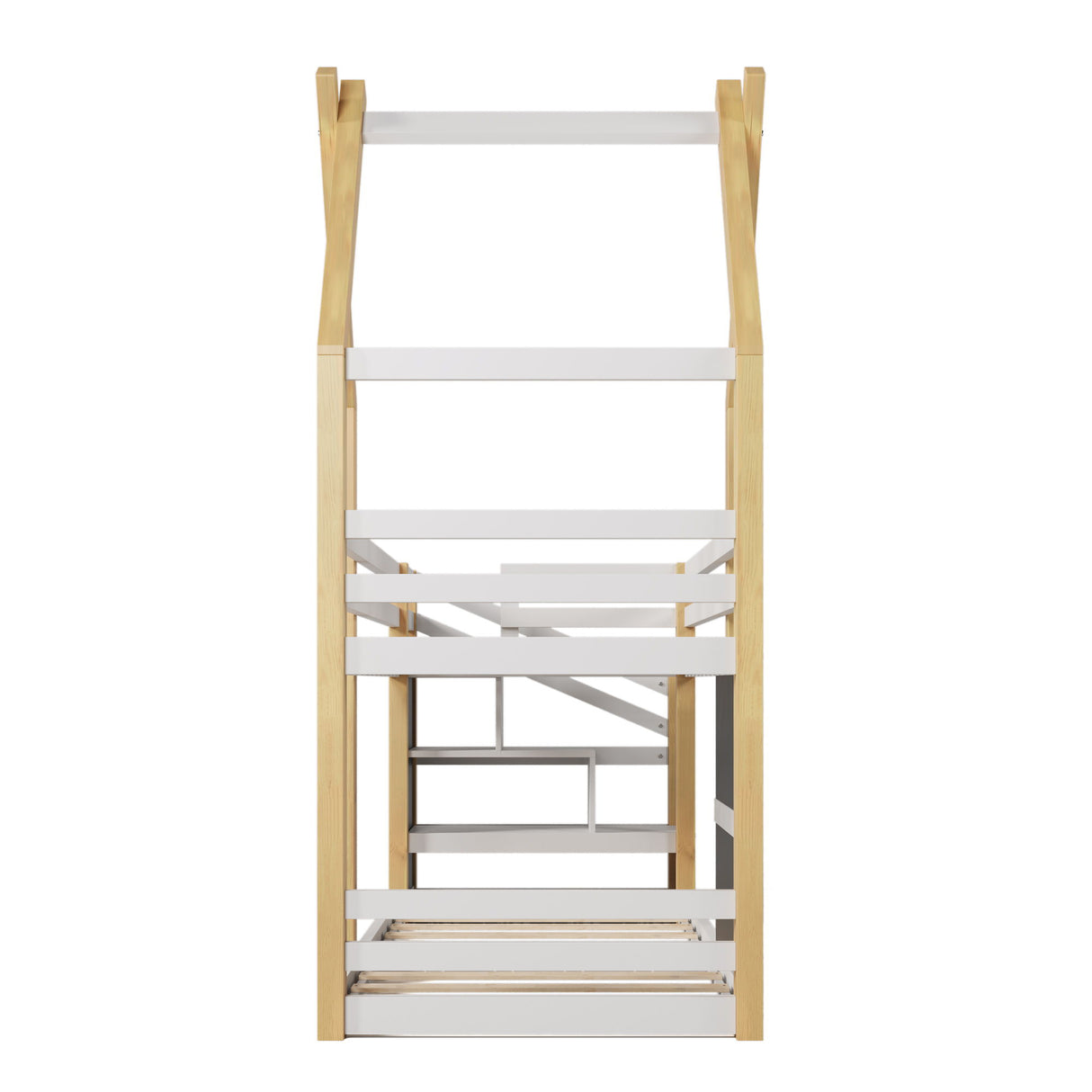 Twin Over Twin House Bunk Bed With White Storage Staircase And 2 Blackboards - White / Natural