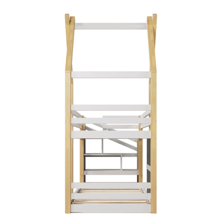 Twin Over Twin House Bunk Bed With White Storage Staircase And 2 Blackboards - White / Natural