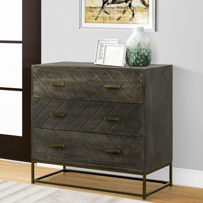 Roy 32 Inch 3 Drawer Mango Wood Dresser Chest, Rustic Bronze Metal Frame, Gray