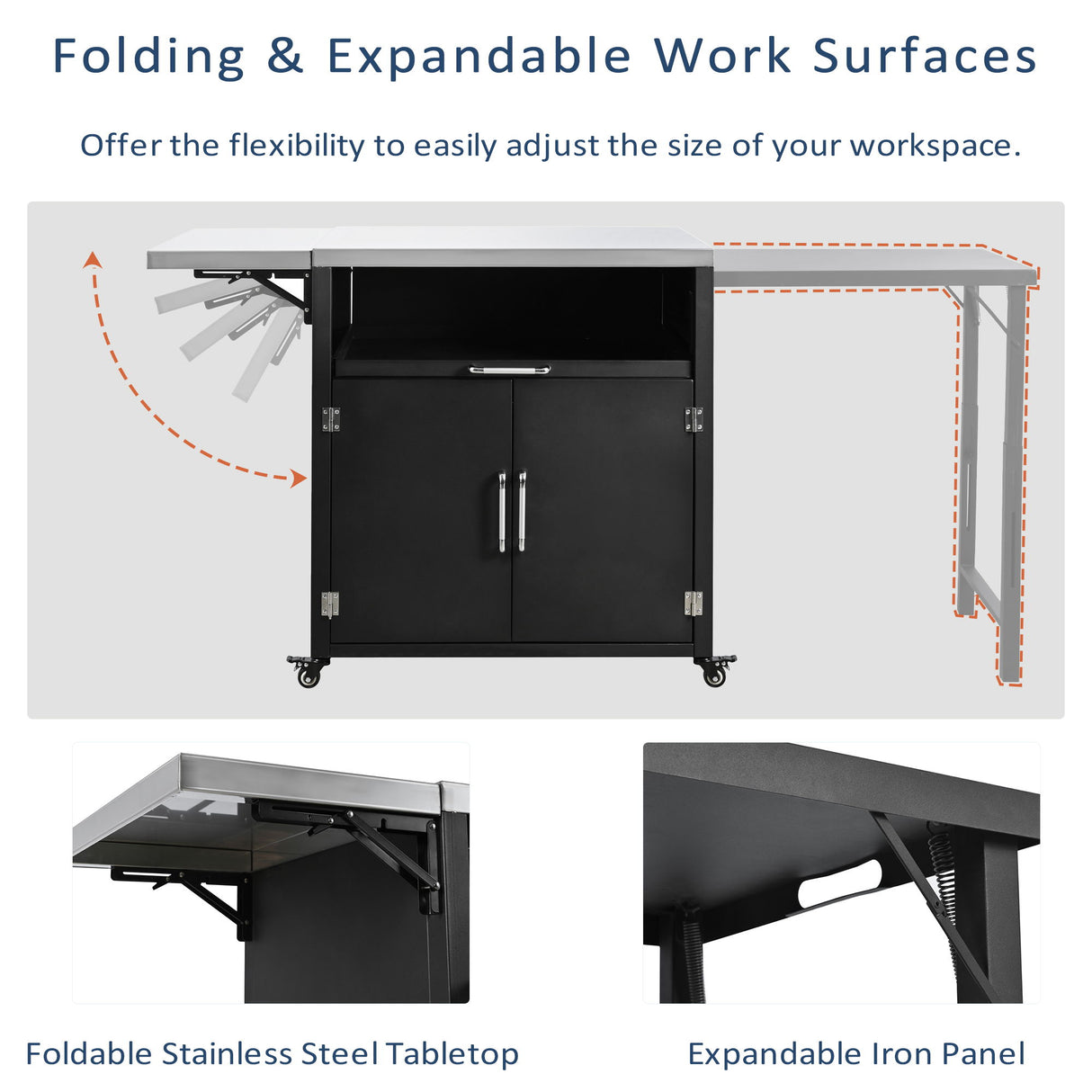 Versatile Outdoor Cabinet With Folding & Expandable Work Surfaces, Ample Storage Space, And Lockable Wheels - Matte Black