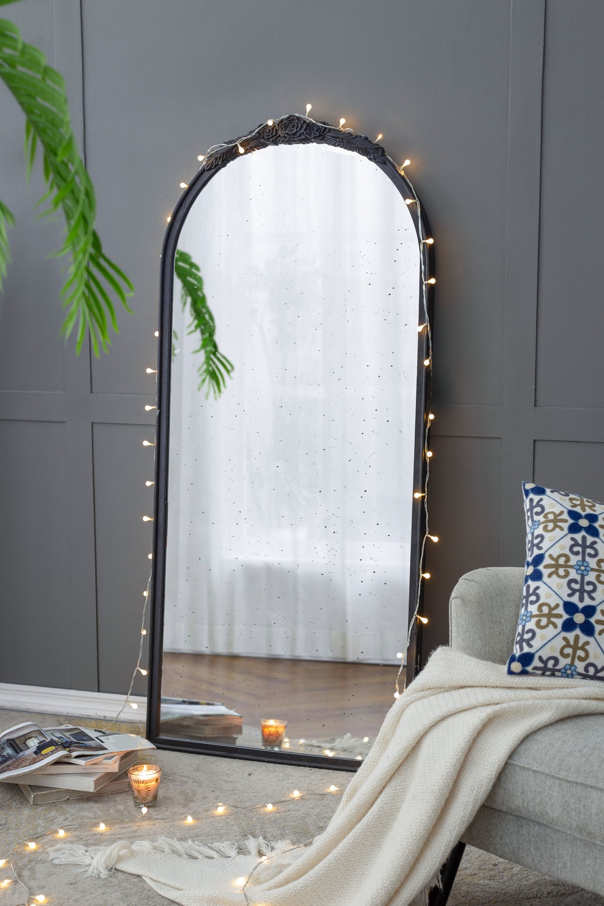 Hand Carved Rose Antique Mirror Frame, Wood Arch Mirror Wall Decor For Living Room