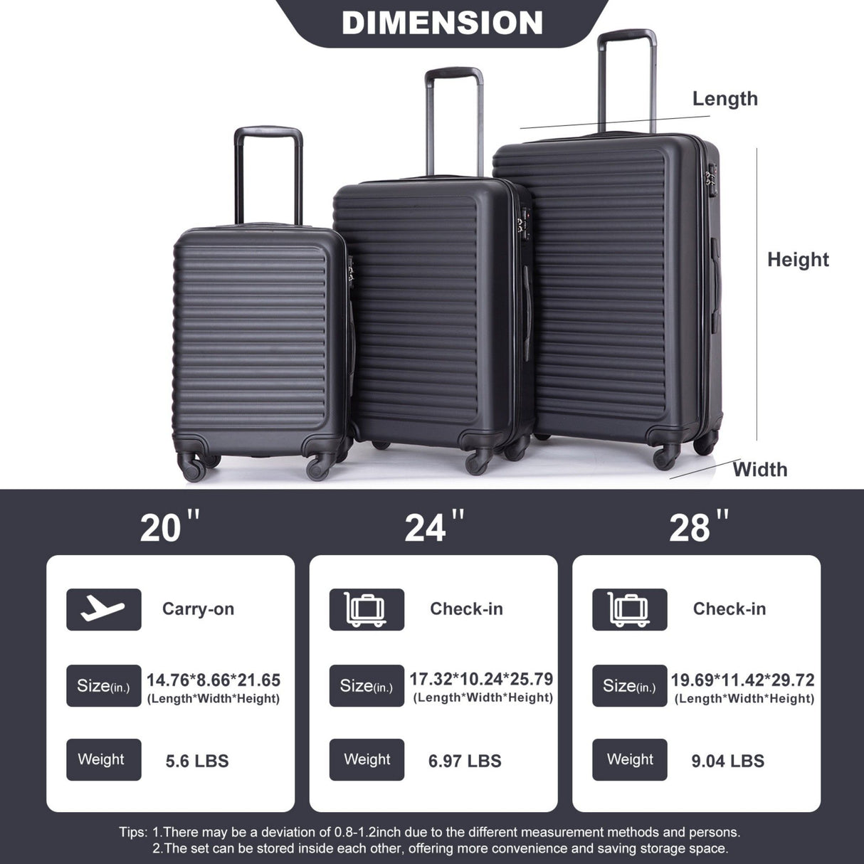 3 Piece Luggage Sets Lightweight Suitcase With Two Hooks, Spinner Wheels, Tsa Lock