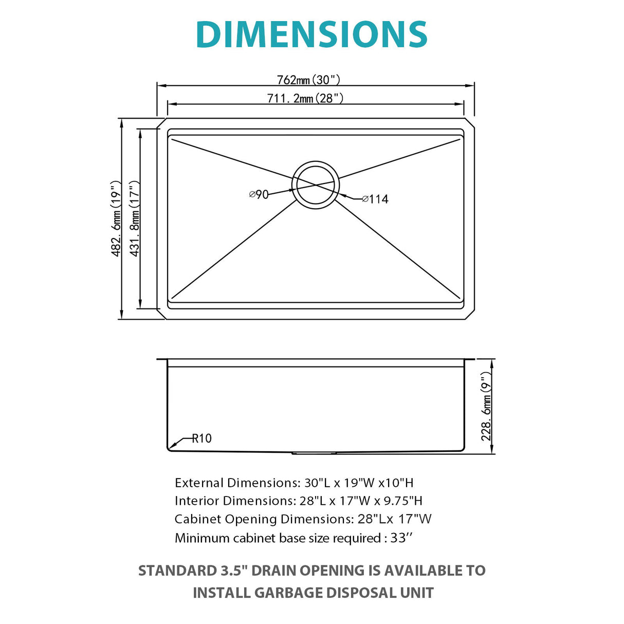 Gold Undermount Kitchen Sink 30" X 19" X 10" Stainless Steel 16 Gauge Deep Single Bowl With Workstation Ledges