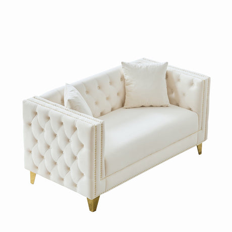 2 Seater Deep Seat Sofa, Sofa With Button Nailhead, Square Arm Couches, Furniture For Living Room - Beige