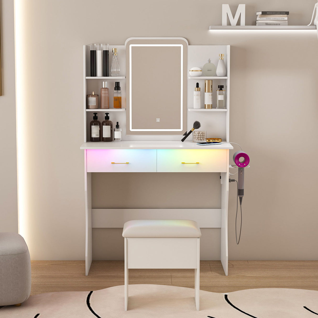 Vanity Desk With LED Lights Mirror, Power Outlet, Storage Drawers & Chair - White