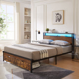 Modern Metal Platform Bed Frame With Wooden Headboard, USB Charging, LED Lights, And Storage