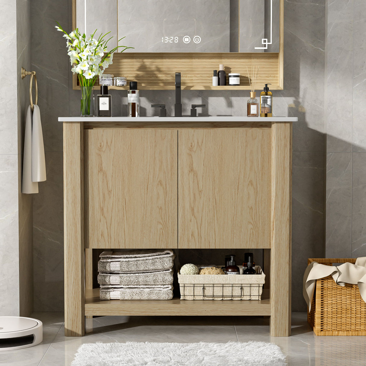 Modern Bathroom Vanity With Rectangle Ceramic Sink, Soft Closing Doors