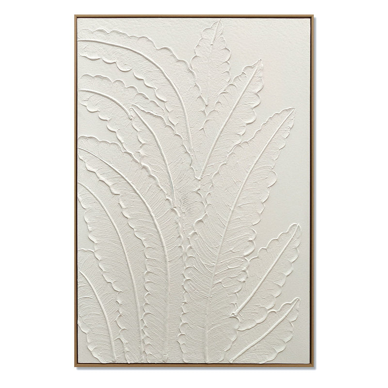 Framed Botanical Leaf Wall Art, Thick Textured Canvas Painting, Neutral Decor For Living Room - White