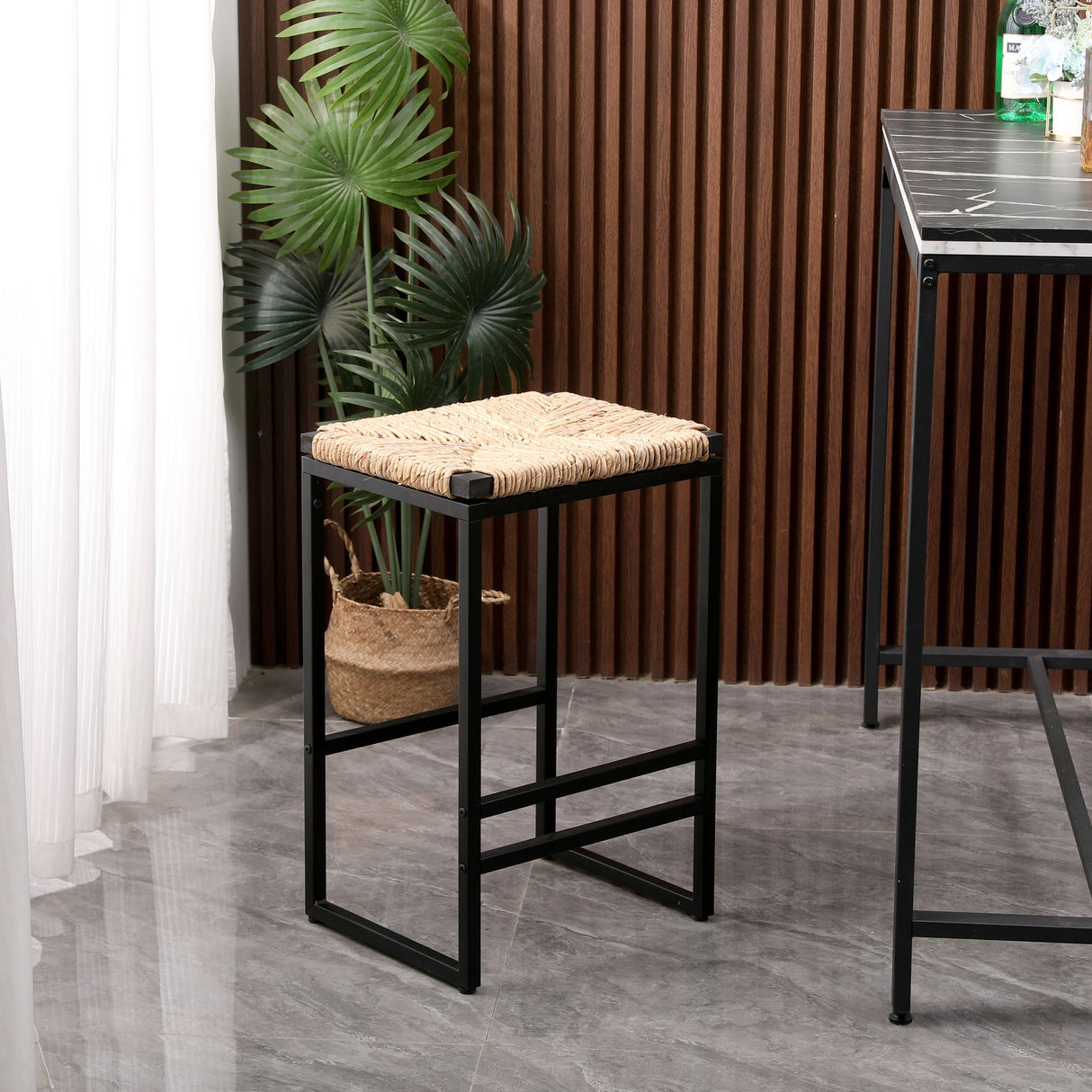 Set Of 2 Backless Water Hyacinth Woven Bar Stools With Footrest, Natural Finish, Metal Frame, 25 Inch Height