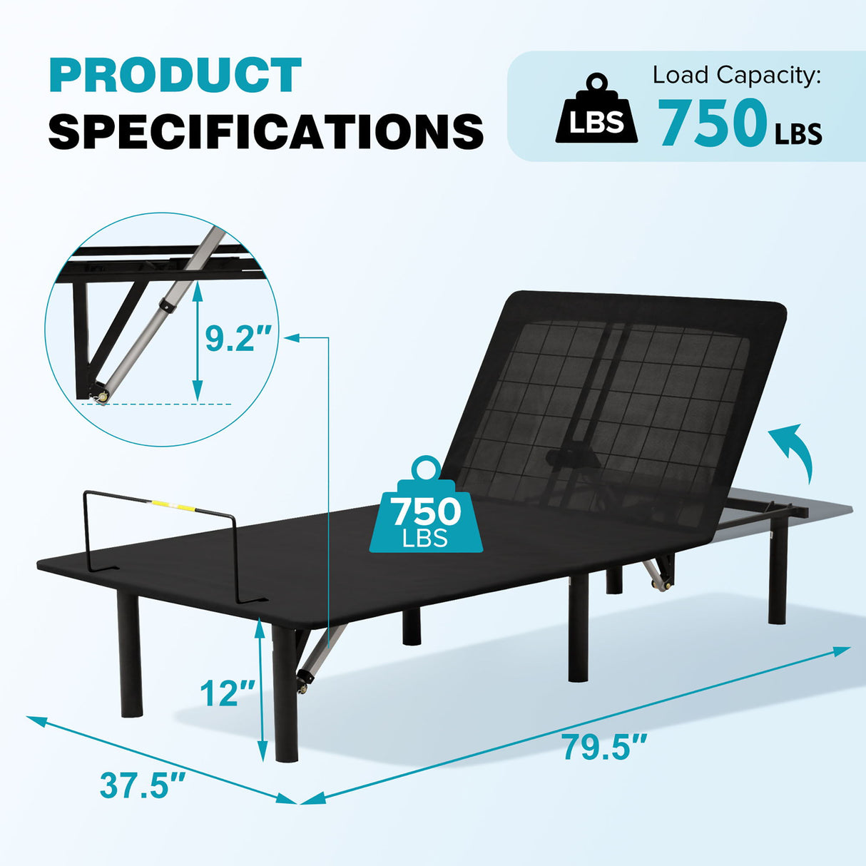 Adjustable Metal Bed Base With Head And Foot Incline, Anti Snore Feature, Wireless Control, Twin Long - Antique Black