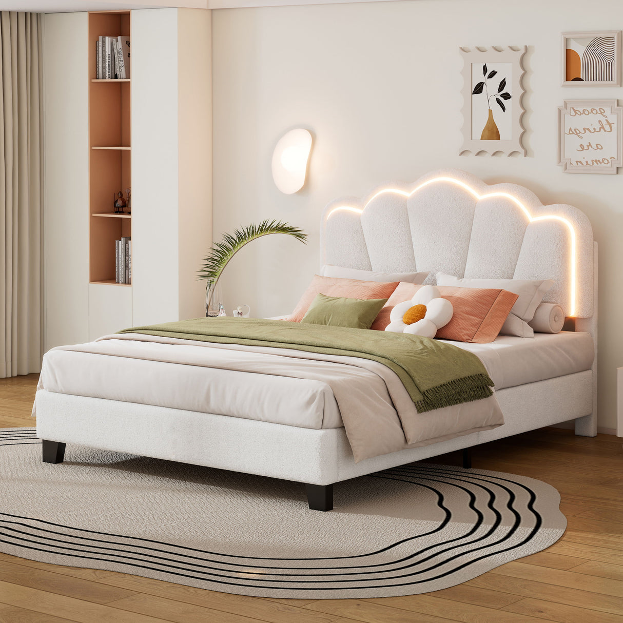 Upholstered Elegant Flowers Headboard With LED Light Strip, Platform Bed With Slats Support