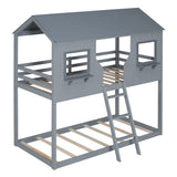 Twin Over Twin Bunk Bed With Roof, Window, Guardrail, Ladder