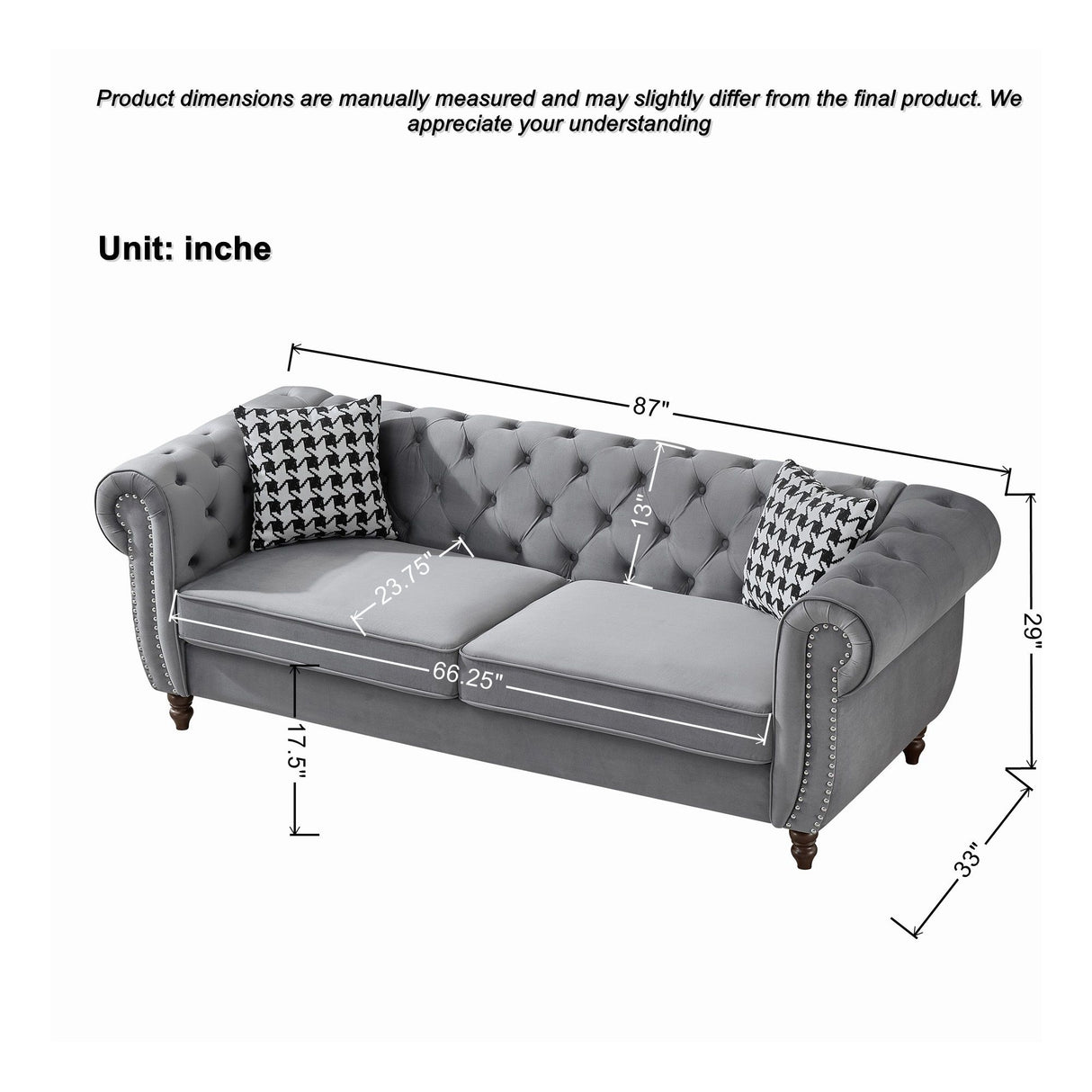 Chesterfield Velvet Upholstery Fabric Sofa With Roll Armrest & Nailhead, Mid Century Modern 3 And 3 Seater Couch
