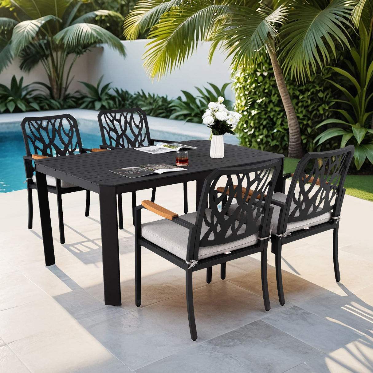 5 Pieces Outdoor Patio Aluminum Furniture Set, Rectangular Table With Umbrella Hole - Bourbon Brown