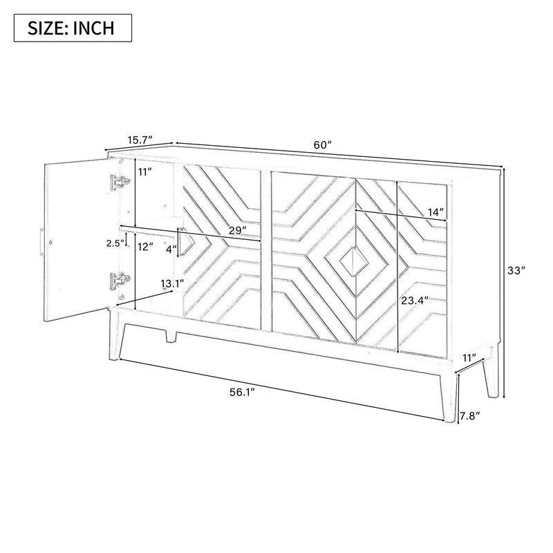 4 Door Sideboard Storage Cabinet For Living Room And Dining Room, 2 Large Cabinets With Gold Handles And Adjustable Shelf - Black