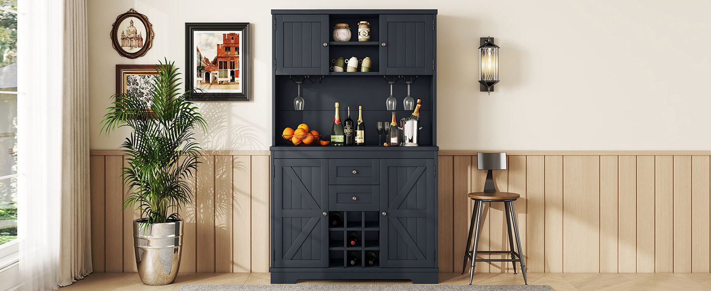 Coffee Bar Cabinet Kitchen Cabinet with Storage, Farmhouse Wine Cabinet with Drawers shelves and cabinets, Buffet Cabinet Wine & Glass Racks for Dining Room, Kitchen, Dark Blue