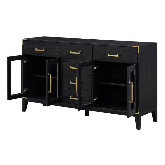 TREXM 6-drawer and 2-Cabinet Retro Sideboard with Extra Large Storage Space, with Gold Handles and Solid Wood Legs, for Kitchen and Living Room (Black)