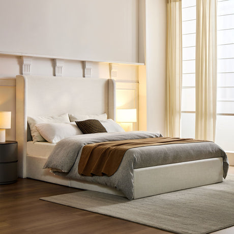 Carmen - Queen Minimalist Upholstered Wingback Bed Frame With High Headboard - Ivory