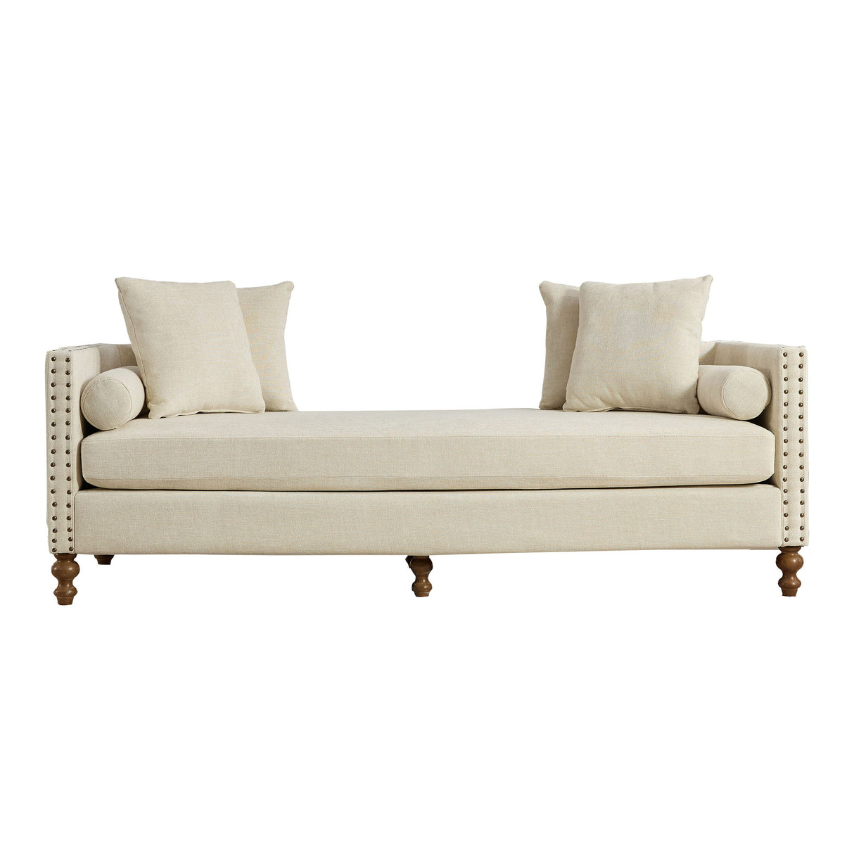 Upholstered Chaise Lounge Indoor With Nailheads, Sleeper Sofa Couch With 4 Throw Pillows & 2 Bolsters, Daybed With Rubberwood Legs