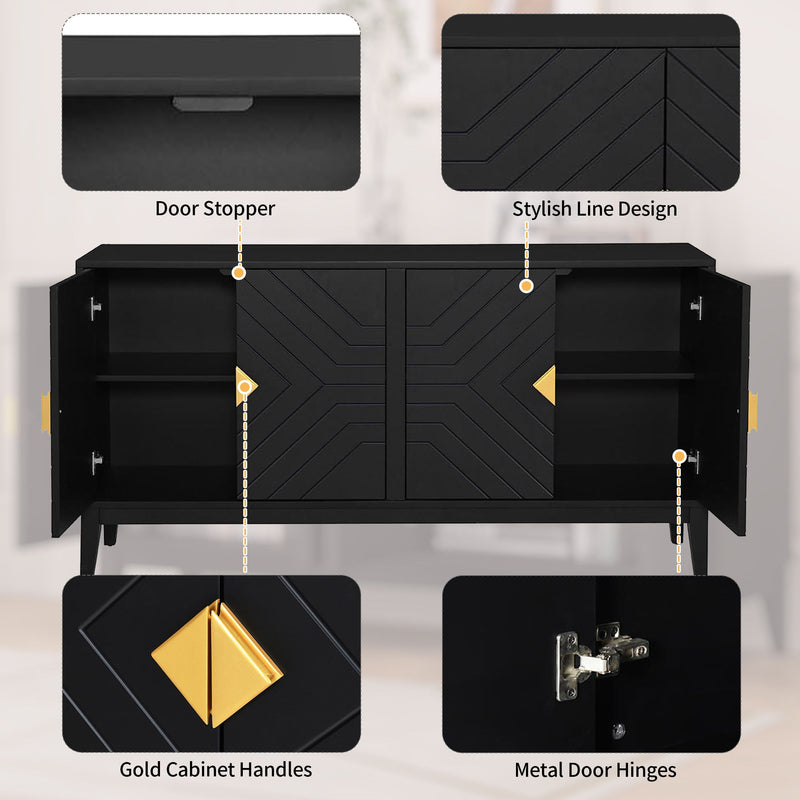4 Door Sideboard Storage Cabinet For Living Room And Dining Room, 2 Large Cabinets With Gold Handles And Adjustable Shelf - Black