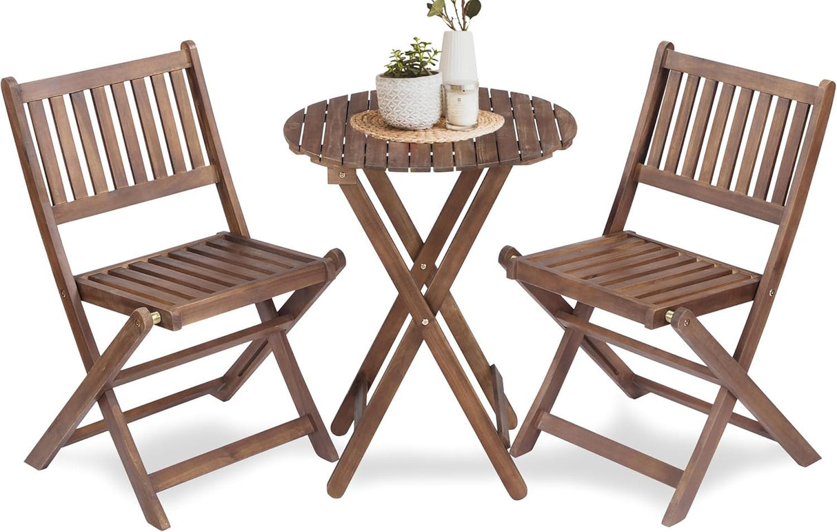 3 Piece Acacia Bistro Set, Folding Patio Furniture With 1 Coffee Table And 2 Foldable Chairs