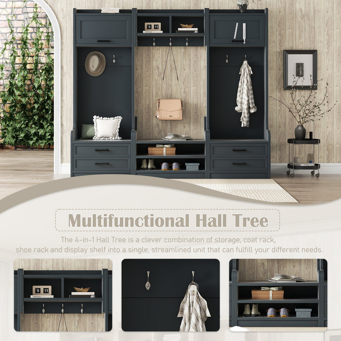 4-in-1 Detachable Hall Tree with Storage and 7 Hooks, Multiple Functions Hallway Coat Rack with Storage Drawers and Cabinet, Antique Blue Shoe Bench for Entryway Hallway