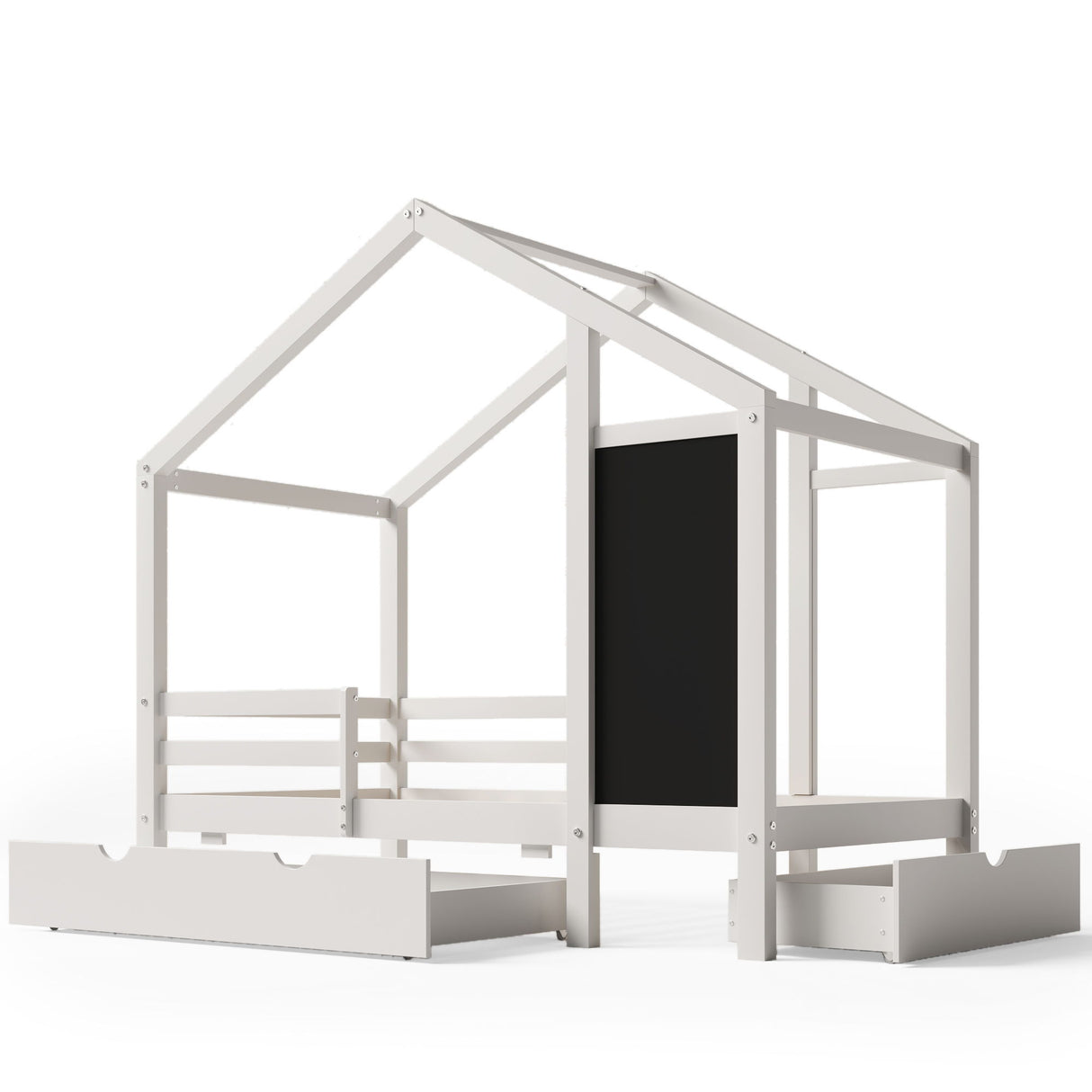 Twin House Bed With Blackboard And Drawers, 2 Assembly Options - White