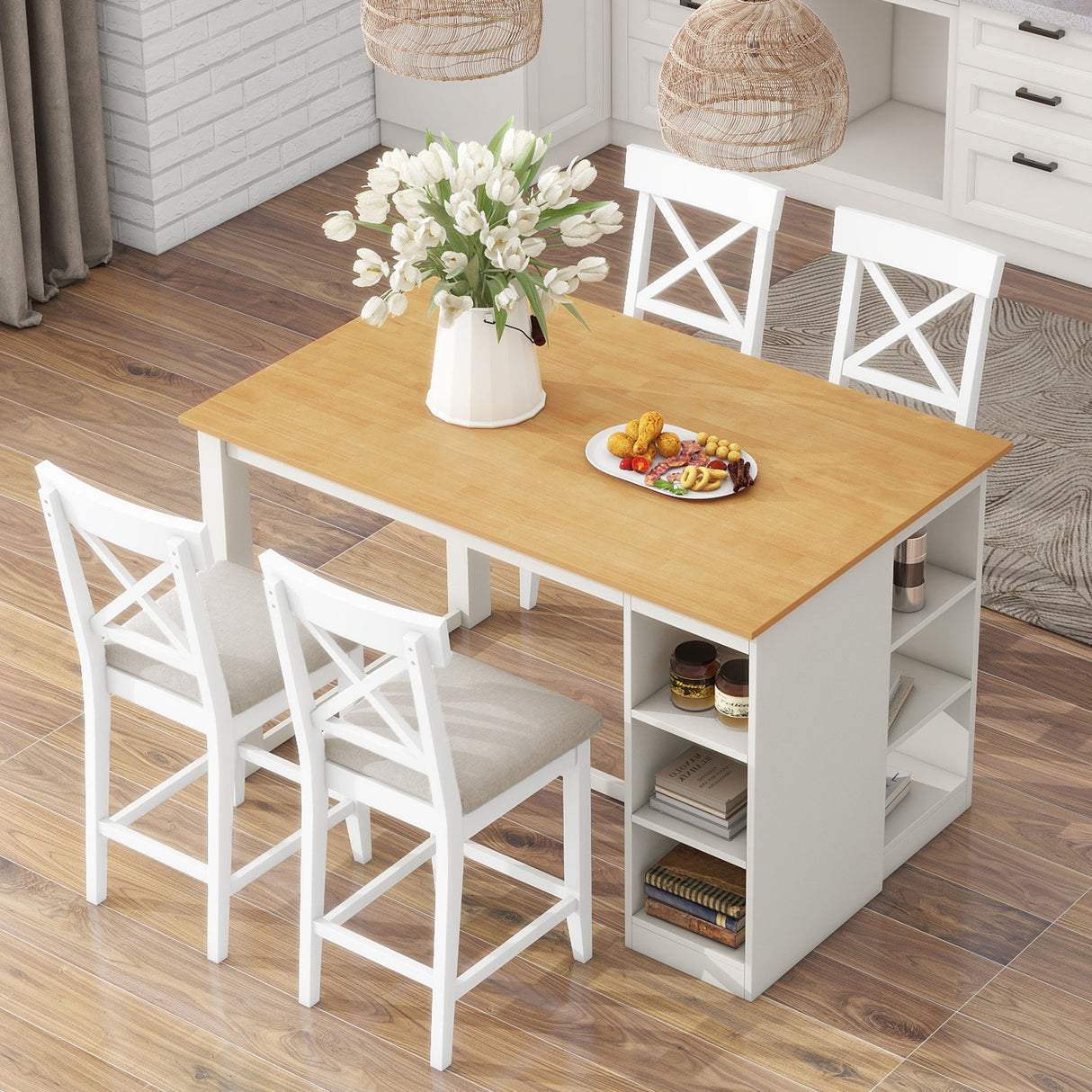 Solid Wood Farmhouse Counter Height Dining Table Set With 3 Tier Storage Shelves