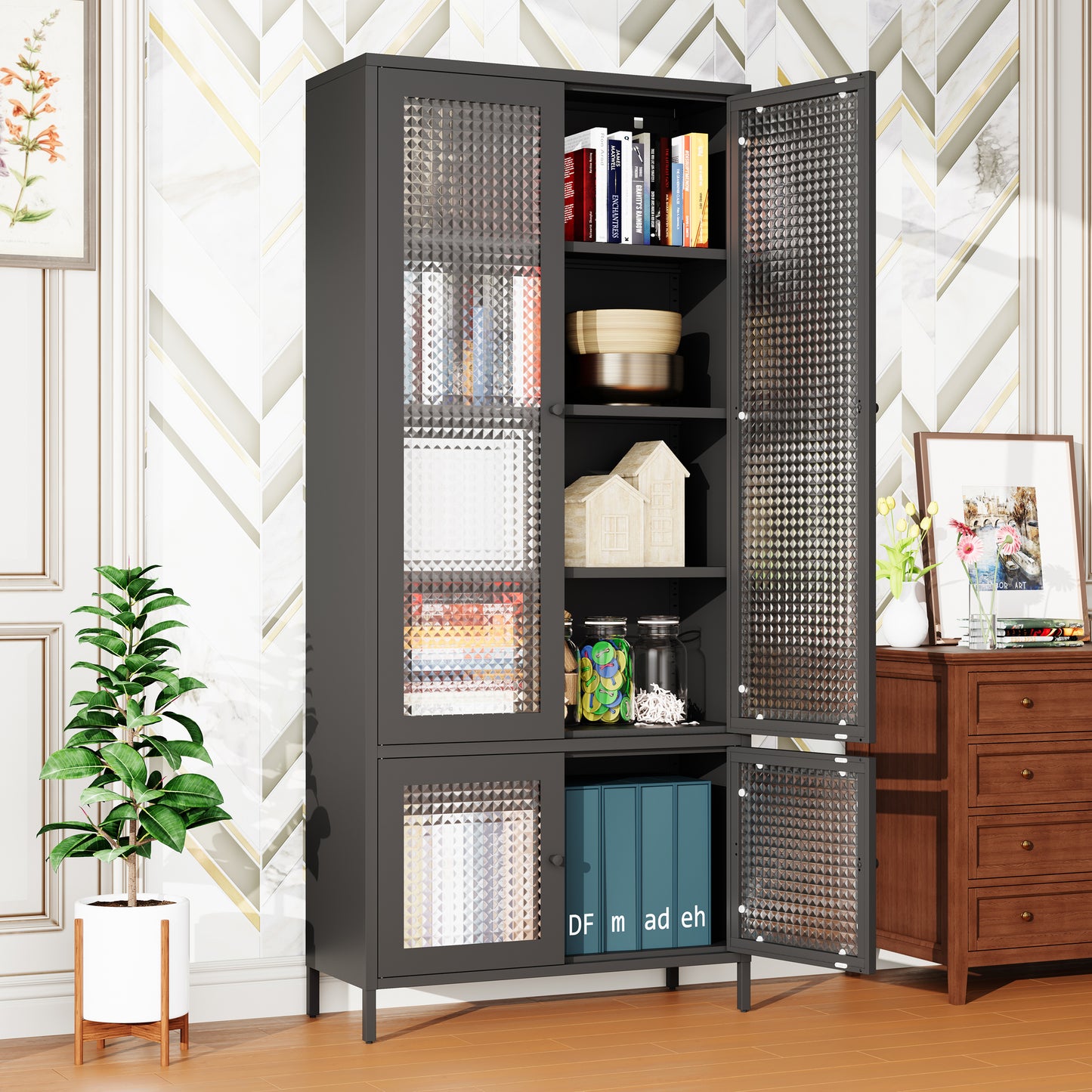 Large Metal Storage Cabinet Display Cabinet with 4 Glass Doors 5 Shelves Side Cabinet Bookcase Freestanding Cabinet for Bedroom Living Room Pantry Home Office - Black, Waffle-Grids  Tempered Glass