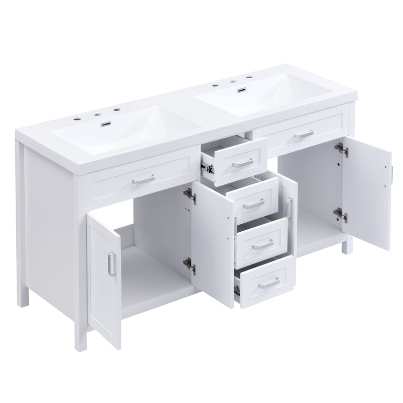 59.1" Minimalist Double Sink Bathroom Vanity With Top, Soft Close Doors & Drawers - White
