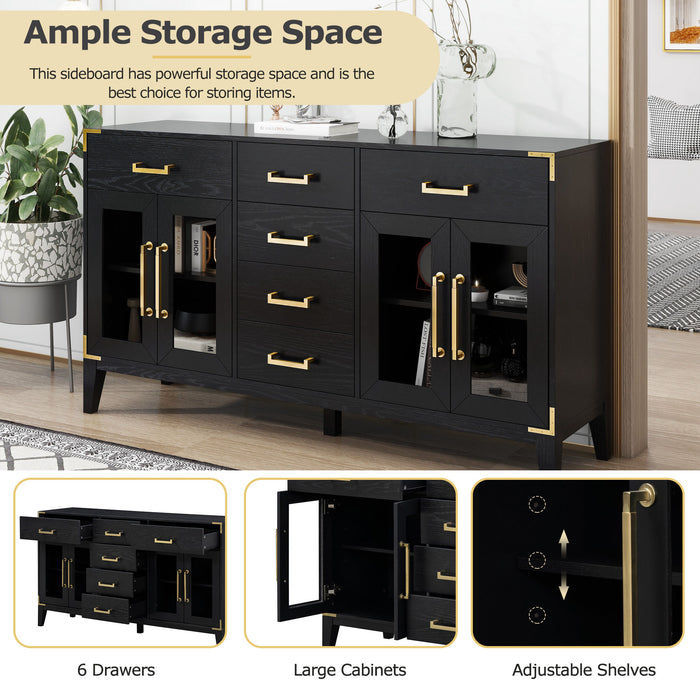 TREXM 6-drawer and 2-Cabinet Retro Sideboard with Extra Large Storage Space, with Gold Handles and Solid Wood Legs, for Kitchen and Living Room (Black)