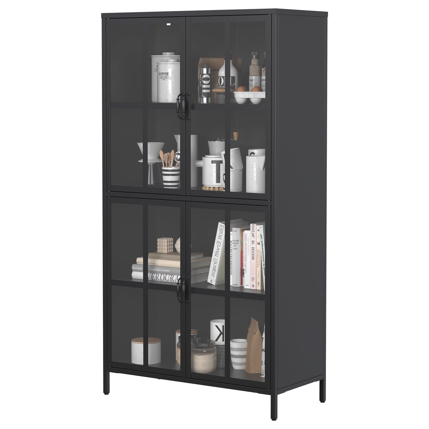 Premium Black Metal Storage Cabinet with Tempered Glass Doors, Adjustable Shelves, Anti-Tipping Device, Magnetic Silent Closure, and Adjustable Feet for Home and Office Use