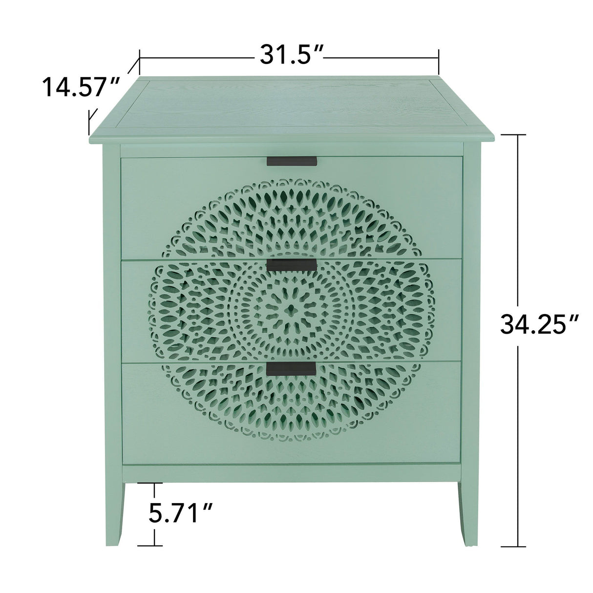 3 Drawer Storage Cabinet With Hollow Carved Design And Metal Handles, Chest For Entryway, Living Room Or Bedroom - Light Green