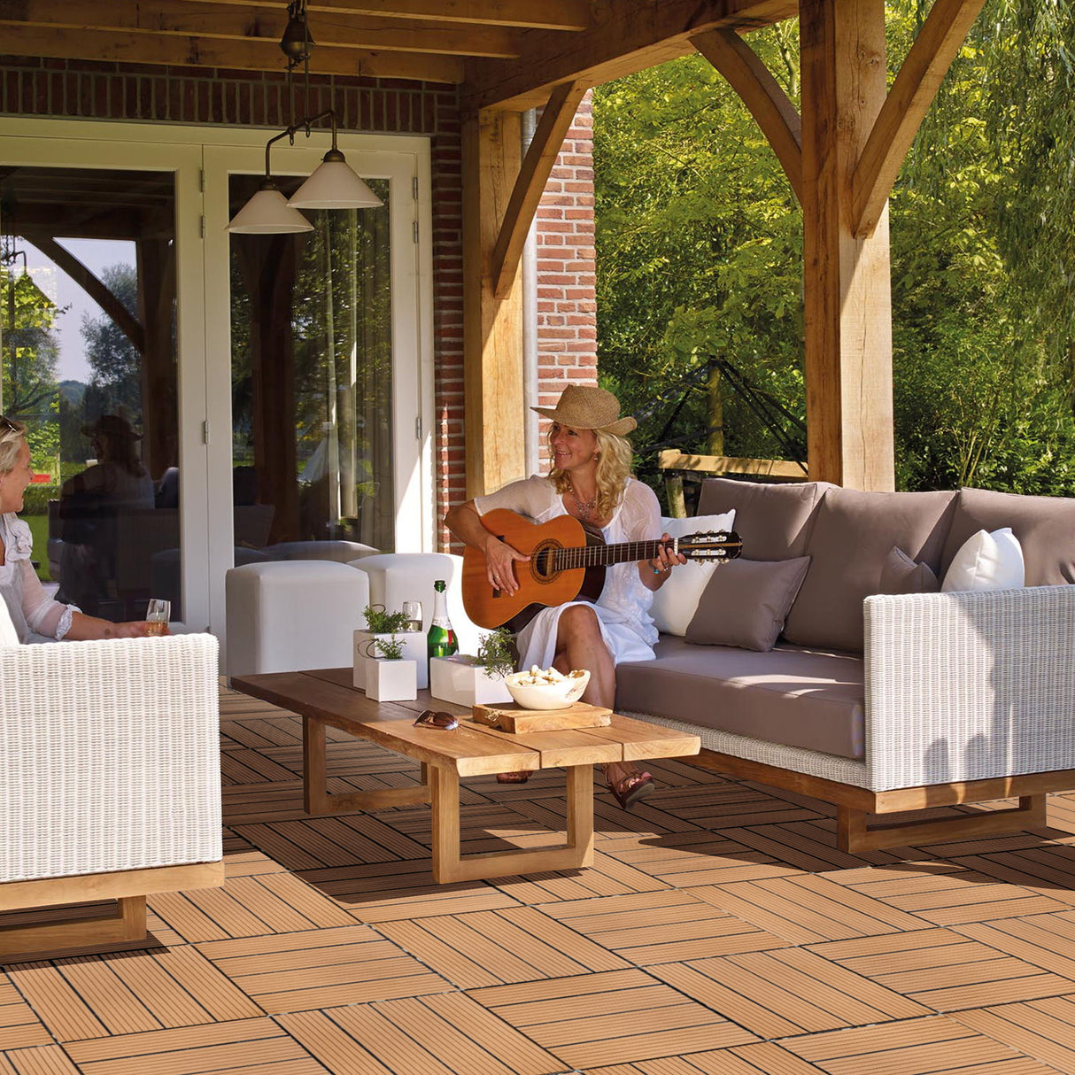 Plastic Interlocking Deck Tiles, Patio Flooring Outdoor Waterproof All Weather Use For Garden Poolside Front / Back Yard (Set of 44) - Burlywood