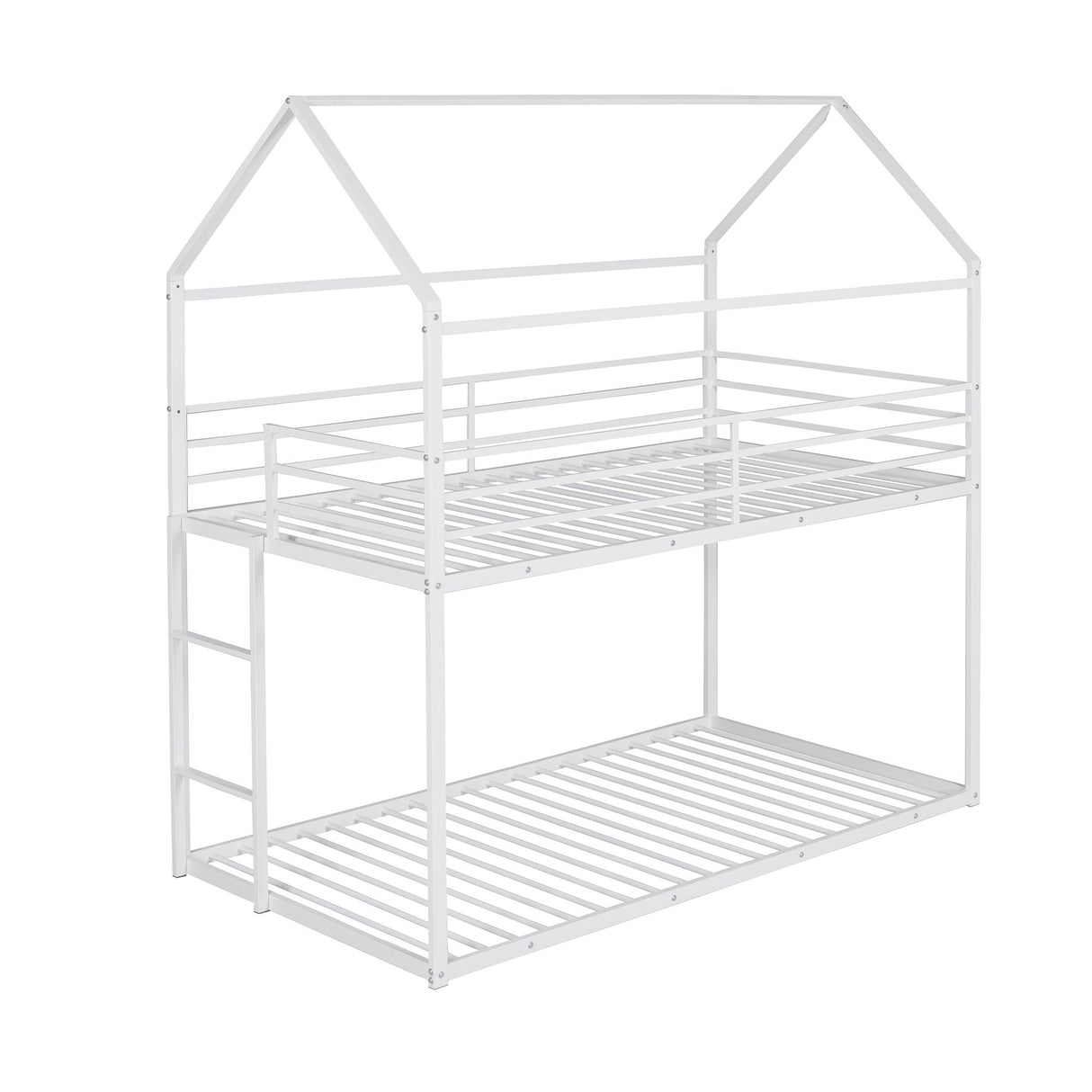 House Bunk Bed Metal Bed Frame Built-In Ladder, No Box Spring Needed
