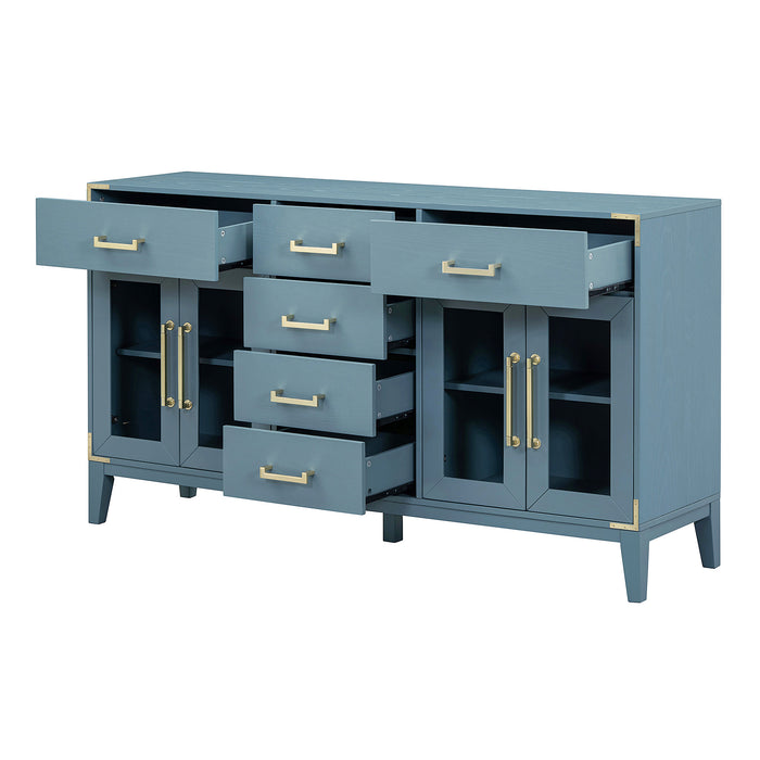 TREXM 6-drawer and 2-Cabinet Retro Sideboard with Extra Large Storage Space, with Gold Handles and Solid Wood Legs, for Kitchen and Living Room (Antique Blue)