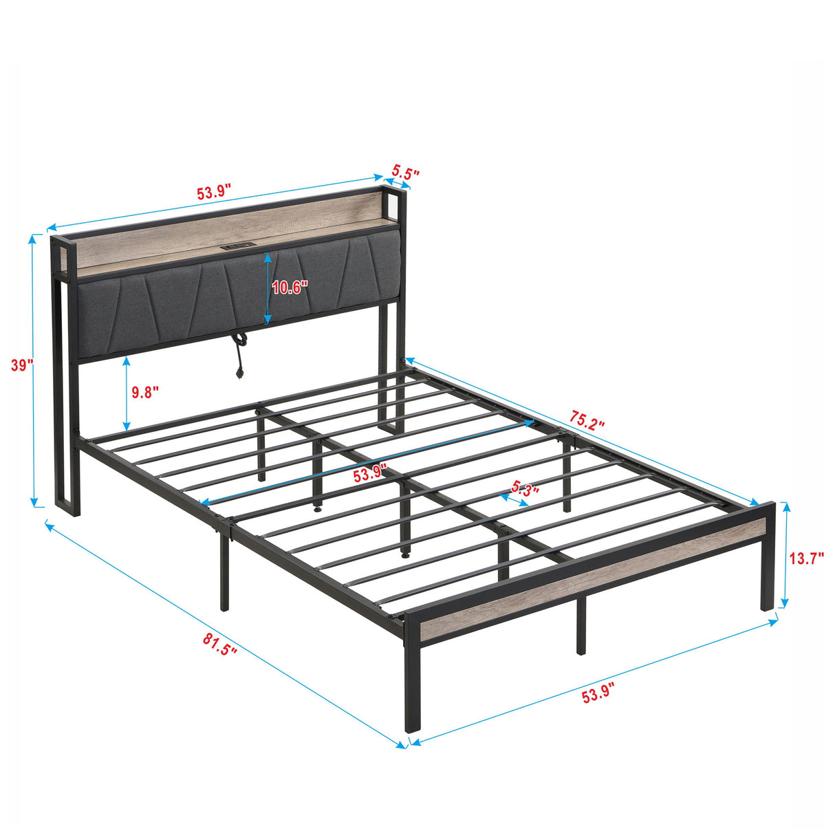 Modern Platform Bed Frame With Upholstered Storage Headboard, USB Ports
