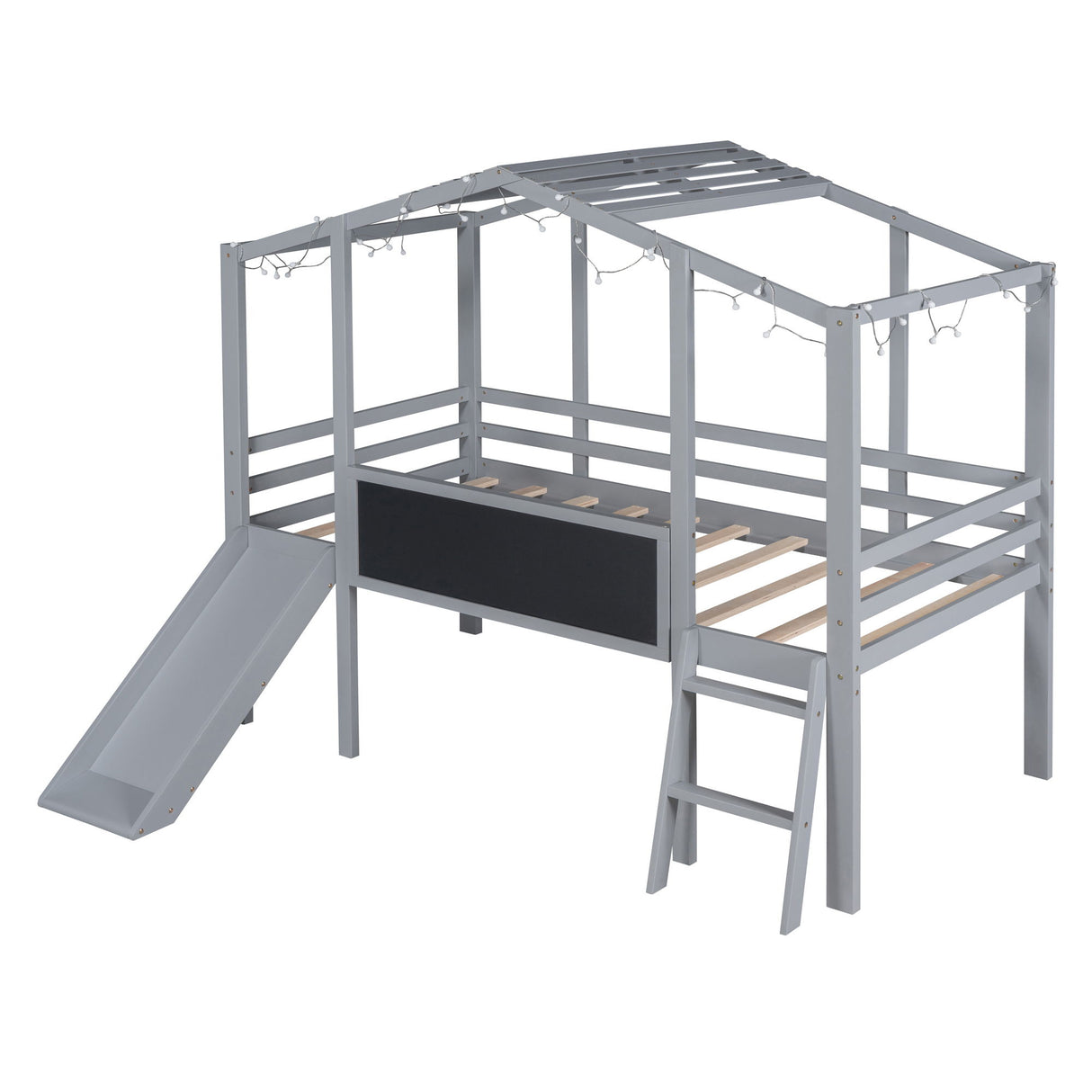 Loft House Bed With Ladder And Slide, With Blackboard And Light Strip On The Roof