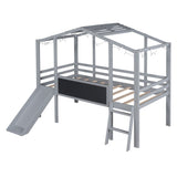 Loft House Bed With Ladder And Slide, With Blackboard And Light Strip On The Roof